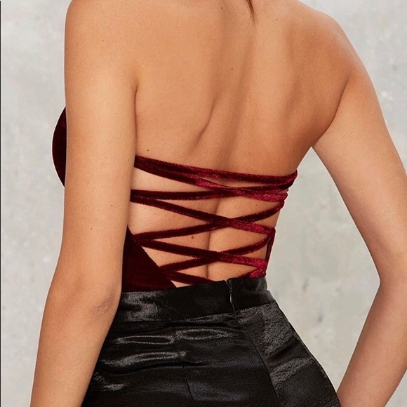 💋Kemba Maroon Velvet Bandeau Lace back body suit - Picture 5 of 8